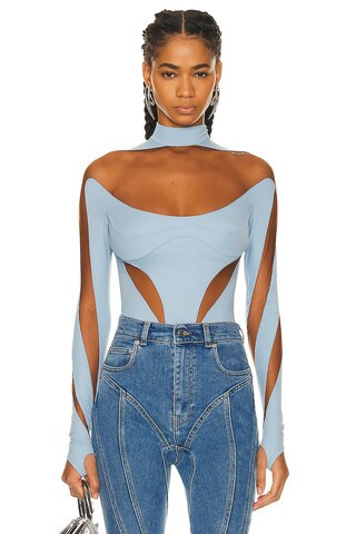 Mugler Illusion Cut Bodysuit in Baby Blue | FWRD 