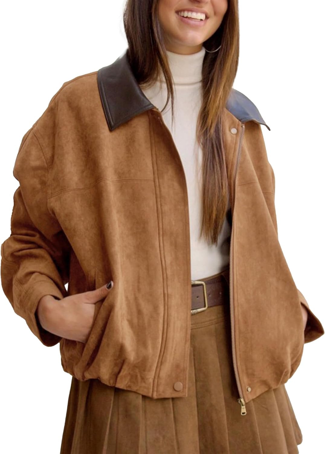 Womens Faux Suede Bomber Jacket Casual Lapel Pilot Cropped Jackets Oversized Motorcycle Zip Up Outerwear Coats | Amazon (US)