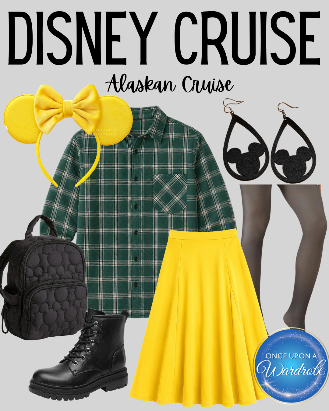 A Mickey Mouse Disneybound outfit for an Alaskan Disney Cruise with a green plaid shirt, bright yellow skirt, black tights, combat boots, Mickey ears, and a quilted Mickey backpack. This layered Disney cruise outfit for women is a cute option for cooler port days, Alaska excursions, character photos, or exploring the ship. Shop the full look and individual pieces below! 

 #LTKootd #LTKTravel