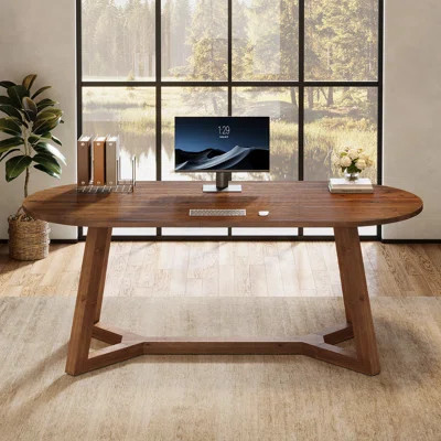 63-inch Solid Wood Home Office Desk, Oval Executive Desk With Sturdy Tapered Legs | Wayfair North America