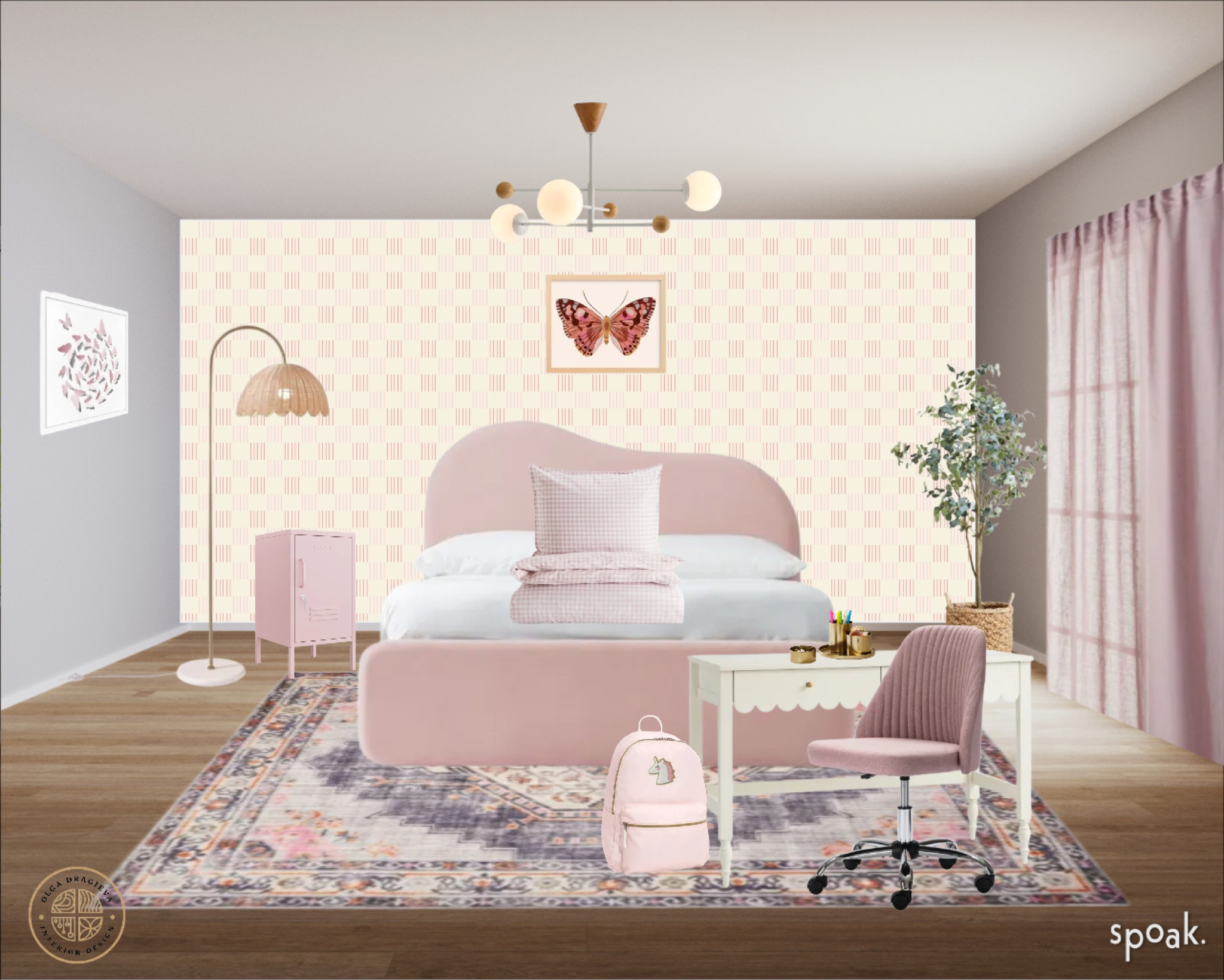 Beautiful teen girl bedroom with oriental style rug, blush desk chair, blush twin bed, pink metal cabinet/nightstand, butterfly wall art, mid-century modern light, geometric wallpaper. 


#LTKHome #LTKSpring #LTKKids