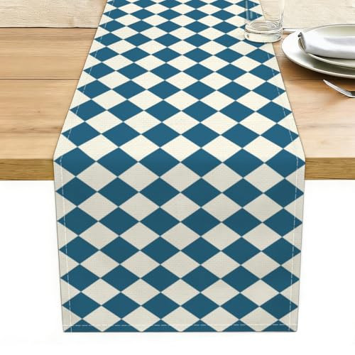 Blue White Diamond Table Runner, Tea Themed Party Decoration 13x72 Inches Long Checkered Table Decor Suppliers for Home Farmhouse Dining Kitchen Party Octoberfest Decor | Amazon (US)