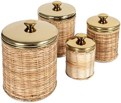 Creative Co-Op Rattan Wrapped Stainless Steel Canisters, Set of 4, Brass Finish | Amazon (US)
