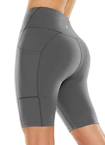 baleaf Women's Light Compression Biker Shorts 8" High Waisted Yoga Gym Spandex Shorts Side Pockets Grey XS | Amazon (US)