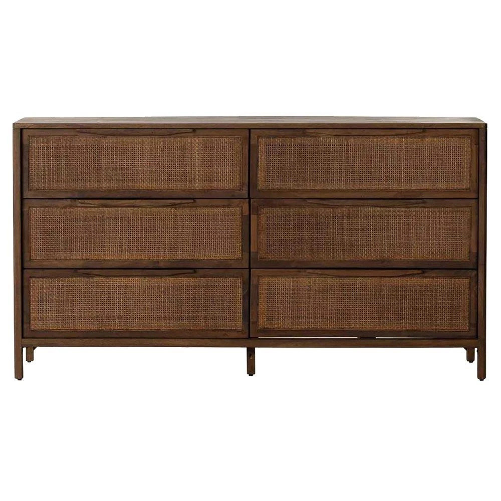 Rhian Coastal Beach Brown Mango Wood Frame Woven Cane 6 Drawer Double Dresser | Kathy Kuo Home