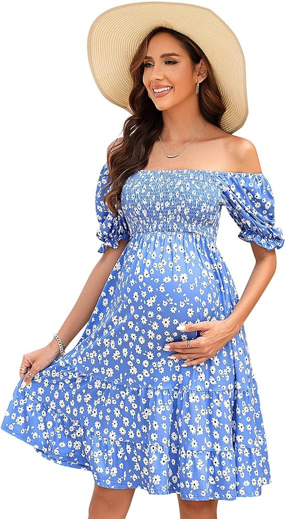 Floral Print Maternity Dress Short Puff Sleeve Square Neck Ruffle Hem Casual Swing Pregnancy Dres... | Amazon (US)