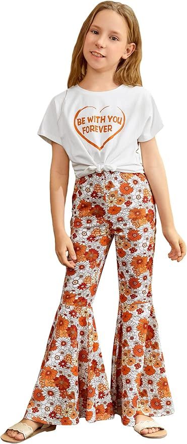 OYOANGLE Girl's 2 Piece Outfits Short Sleeve Twiss Front T Shirt and Floral Flare Bell Bottom Pan... | Amazon (US)