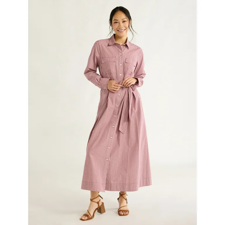 Free Assembly Women’s Cotton Maxi Shirtdress with Long Sleeves, Sizes XS-XXL | Walmart (US)