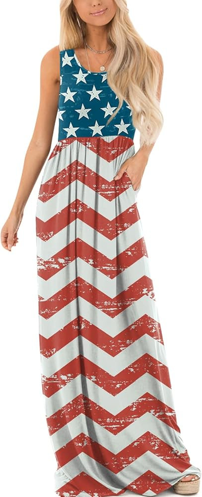 For G and PL Women's 4th of July American Flag Sleeveless Tank Maxi Dress with Pockets | Amazon (US)