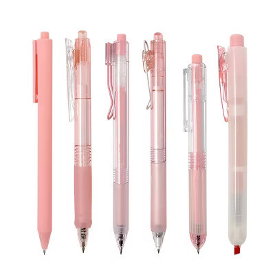 Wrapables Retractable Rollerball Pens and Highlighter Set, 0.5mm Black Gel Ink Pens for Home, Office, School (Set of 6) Pink | Target
