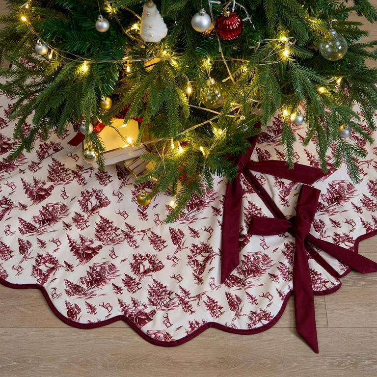 Red and Ivory Forest Velvet Christmas Tree Skirt - 52" Holiday Decoration with Deer, Trees, and C... | Walmart (US)