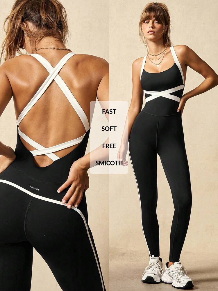 VARSIVA Women's Black And White Knitted Jumpsuit With Spaghetti Straps Backless Long Colorblock Design | SHEIN
