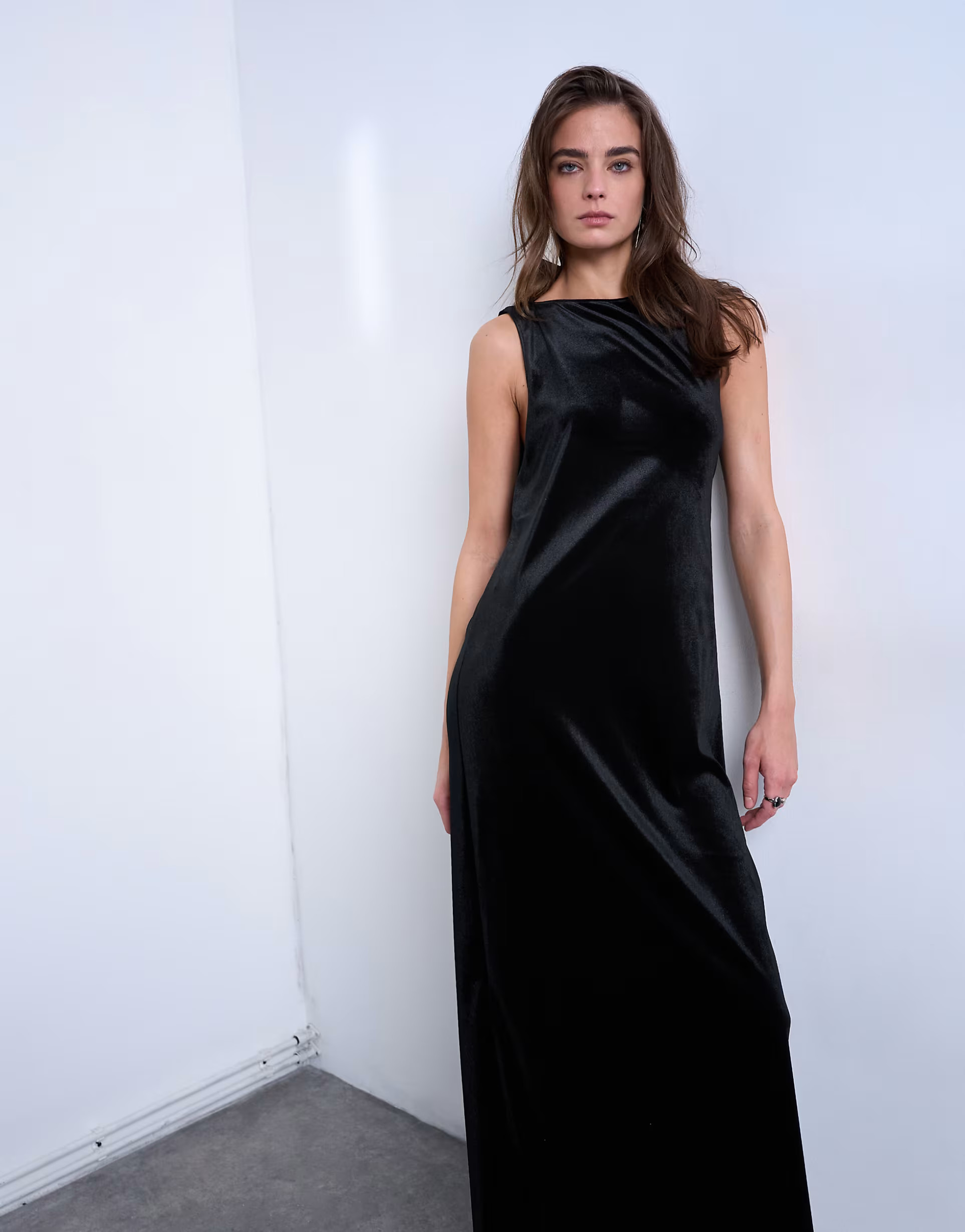 Topshop high neck open back throw on velvet maxi dress in black | ASOS (Global)