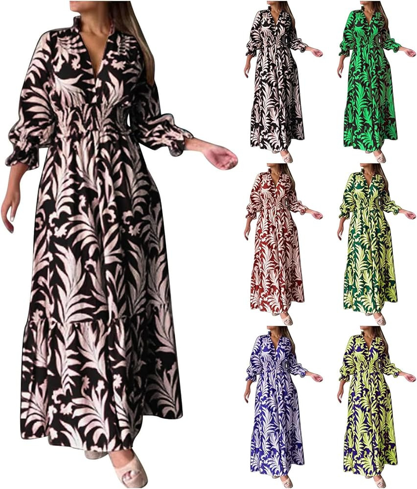 Women's Bohemian Print Long Sleeve Dresses V Neck Maxi Dress Tunics Dresses Business Casual Summe... | Amazon (US)
