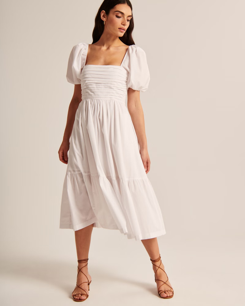 Women's Ruched Puff Sleeve Poplin Midi Dress | Women's The A&F Getaway Shop | Abercrombie.com | Abercrombie & Fitch (US)