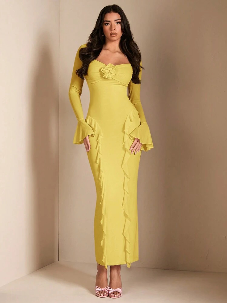 SHEIN BAE Elegant Woman's Going-Out Outfits, Fall Tops Long Sleeves Woman Fitted Shirt Long Sleeve Crop, Ruffled Sweet Pink Dress With 3D Floral Decor | SHEIN