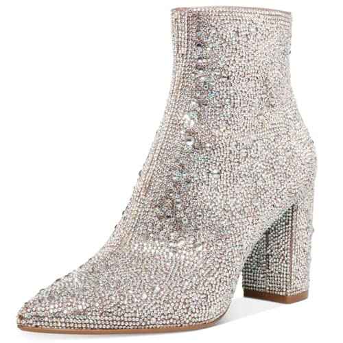 MUCCCUTE Women's Rhinestone Ankle Boots Point-Toe Block Chunky Heel Sparkly Party Wedding Booties Glitter Dressy Fashion Short Boots Size 9.5 | Amazon (US)