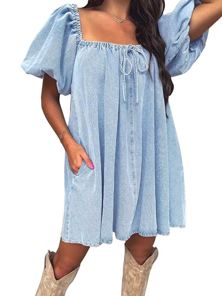 EXLURA Womens Summer Denim Short Puff Sleeve Dresses Knit Loose Plus Size Short Mini Dress 2025 T... | Amazon (US)