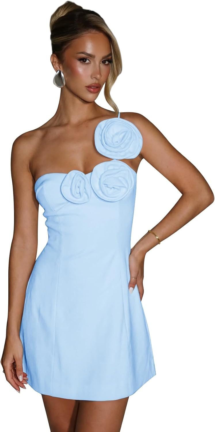 Women’s One Shoulder Homecoming Dresses 2026 for Teens with Floral Ruched Satin HOCO Dress Short Formal Prom Dress | Amazon (US)