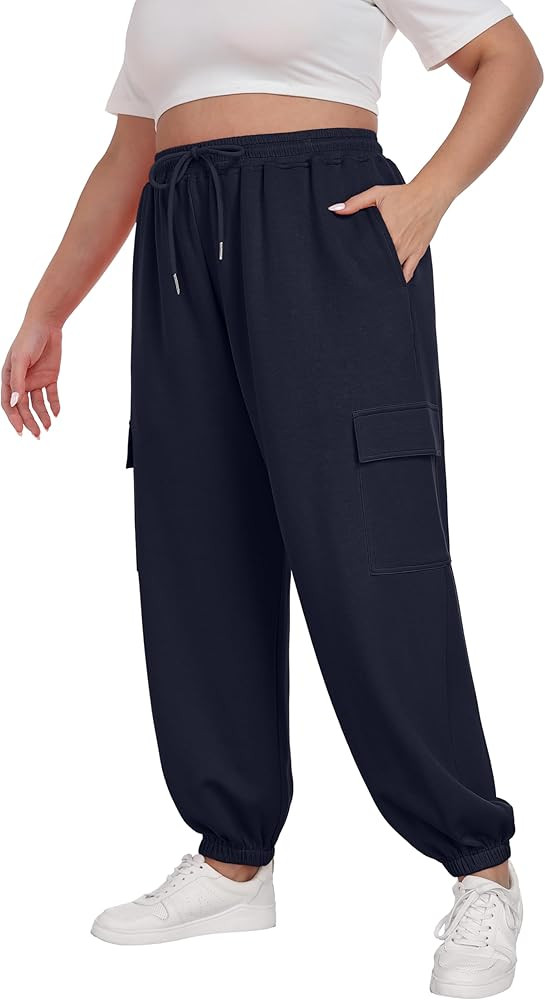 OLRIK Women Plus Size Cargo Sweatpants Adjustable Drawstring Joggers Loose Fit Lounge Trousers wi... | Amazon (US)