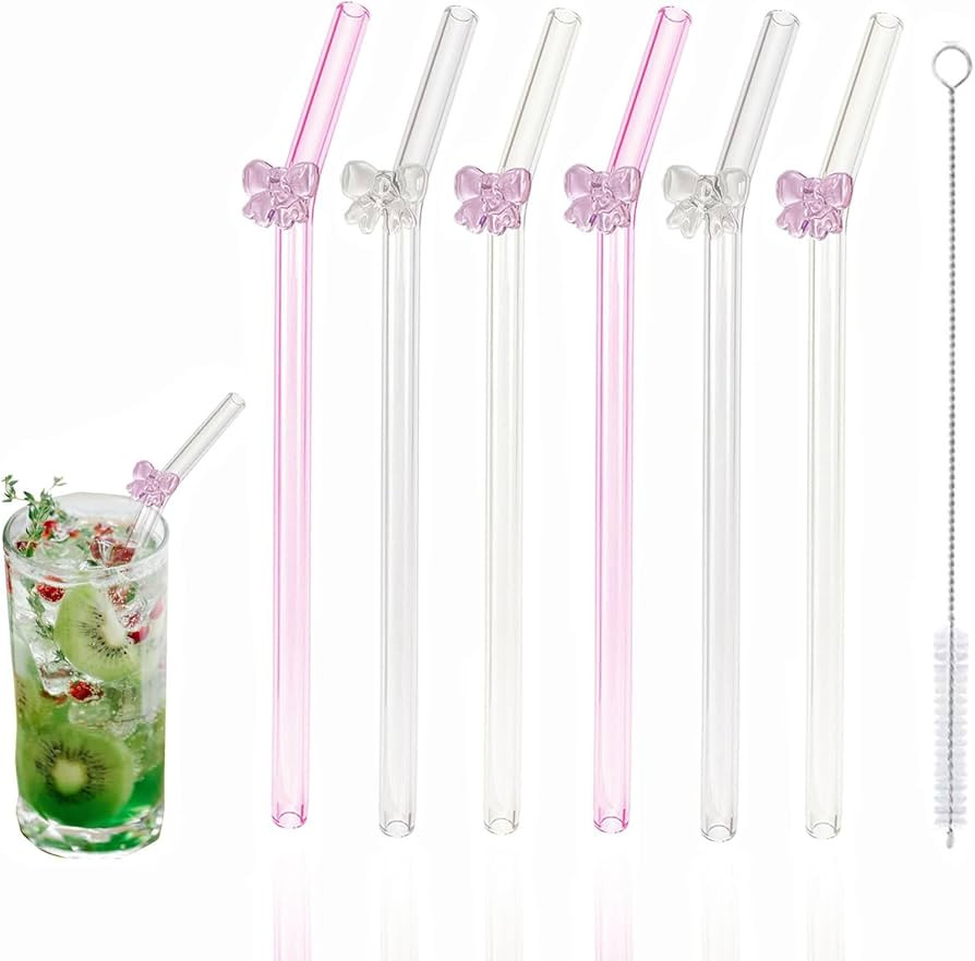 HILOLOA Ribbon Reusable Glass Straws with Charms, Cute Bow Shaped Charm Glass Straw with Cleaning... | Amazon (US)