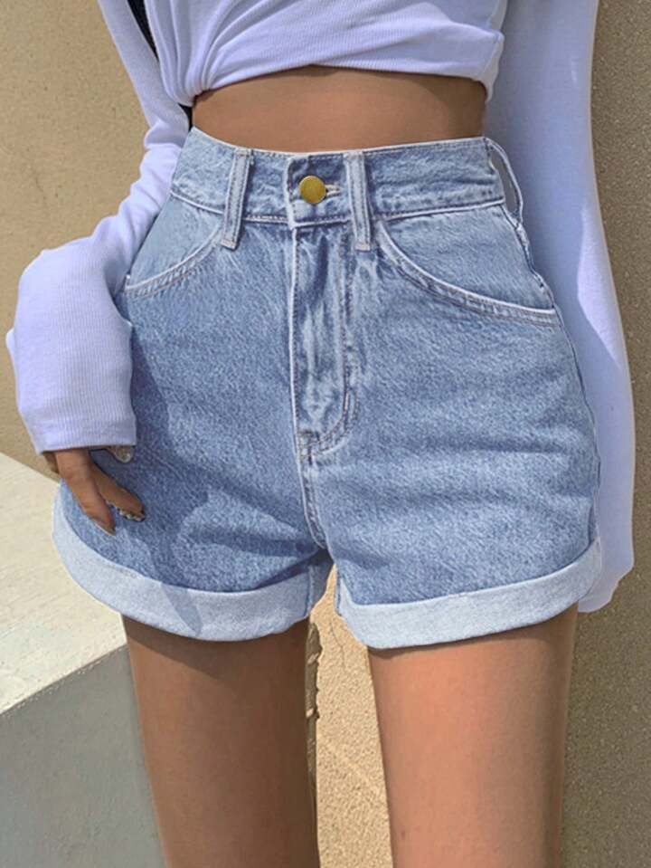 Basic And Simple Rolled Hem For Daily Match With Spring/Summer Denim Shorts. | SHEIN