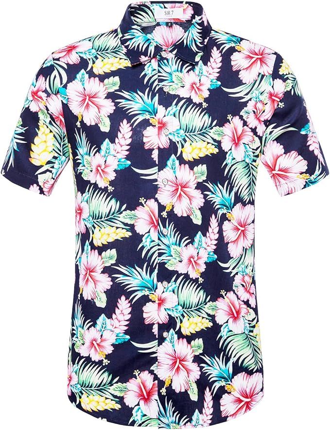 SIR7 Men's Hawaiian Flower Print Casual Button Down Short Sleeve Shirt | Amazon (US)