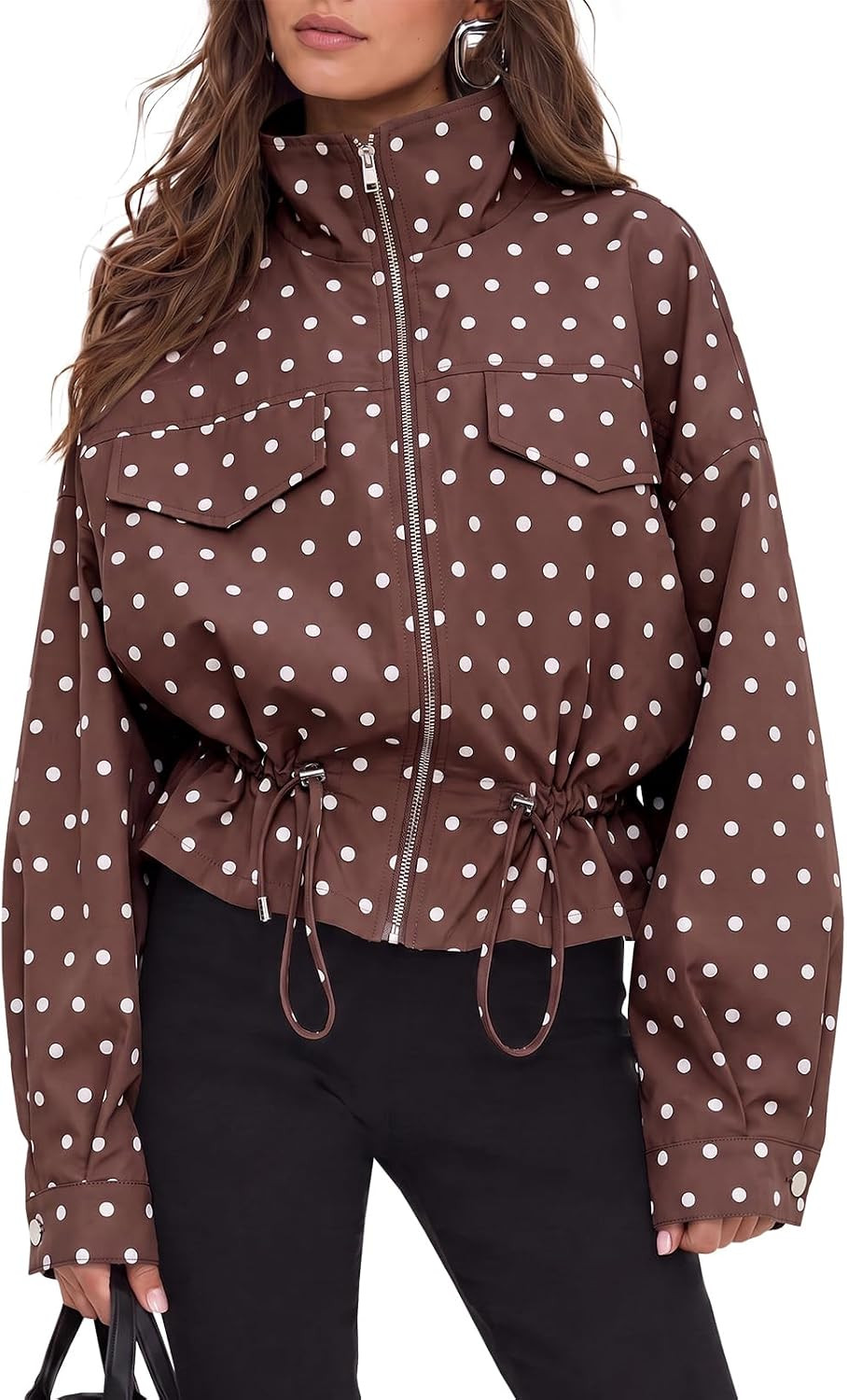 Fisoew Womens Zip Up Casual Jackets Polka Dot Drwatring Fall Trendy Coats | Amazon (US)