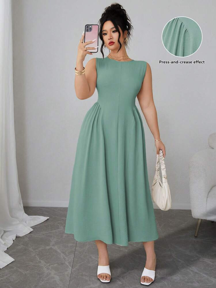 Elenzga Plus Size Women Solid Color Round Neck Pleated Sleeveless Elegant Dress Maxi Women Outfit Dress Modest Sage Green Dress Mint Green Elegant Dress Women Elegant Spring Dress Elegant Midi Dress Modest Dress Women Elegant Dresses Sleeveless Midi Dress Simple Elegant Dress Good Quality Dresses Latest Dress Women Dresses Elegant Classic Long Casual Dresses For Woman | SHEIN