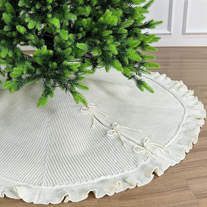60-Inch Ruffled Sweater Knit Christmas Tree Skirt with Lace Ties, Cream White | Amazon (US)