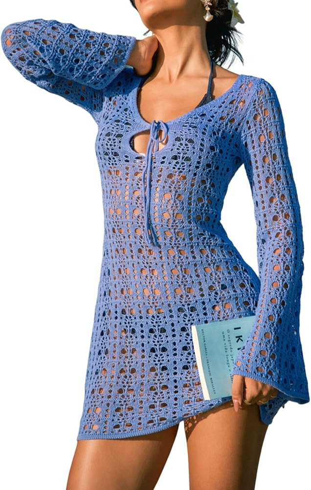 CUPSHE Women's Crochet Swimsuit Coverup Dress Long Sleeve Tie Front Beach Cover Ups Summer Mini C... | Amazon (US)