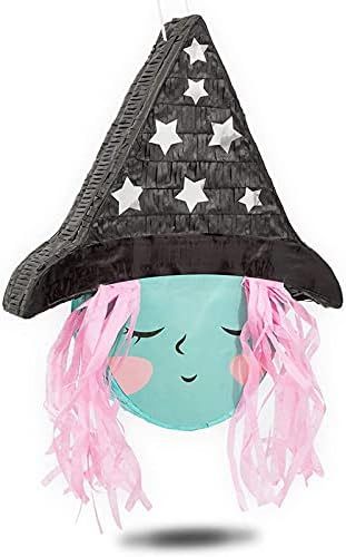 Cute Witch Pinata for Halloween Party Supplies, Silver Foil Stars, Pink Hair, 16 x 13 x 3 in | Amazon (US)