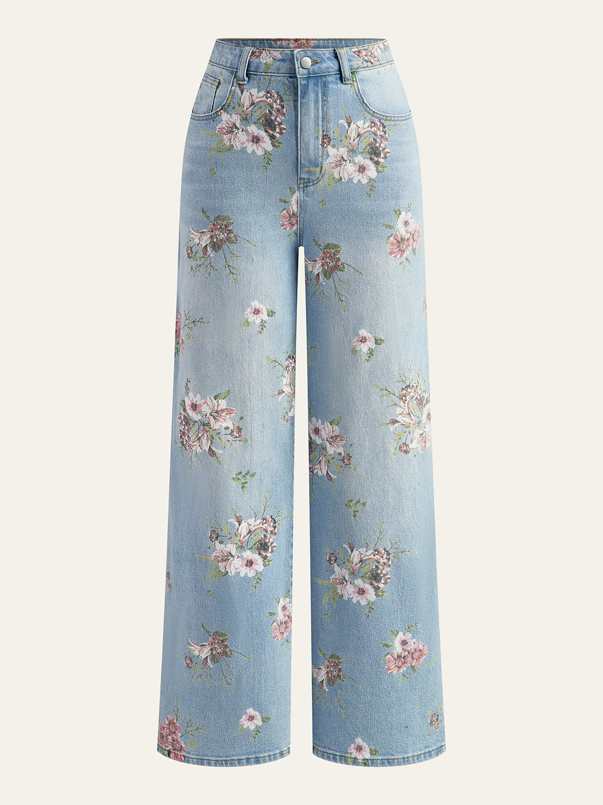 Floral Print Mid-Waist Denim Pants | Commense