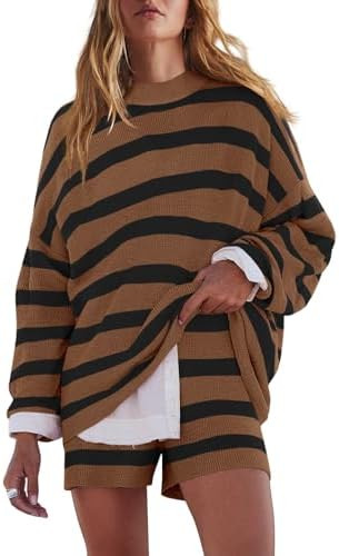 LAMISSCHE Womens Oversized Lounge Sets 2 Piece Outfits Striped Matching Pajama Set Long Sleeve Sw... | Amazon (US)