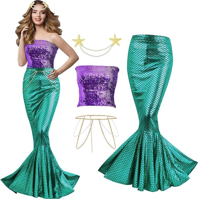 Newcotte 4 Pcs Mermaid Costume for Women Sequin Tube Top Skirt Pearl Waist and Head Chain for Hal... | Amazon (US)
