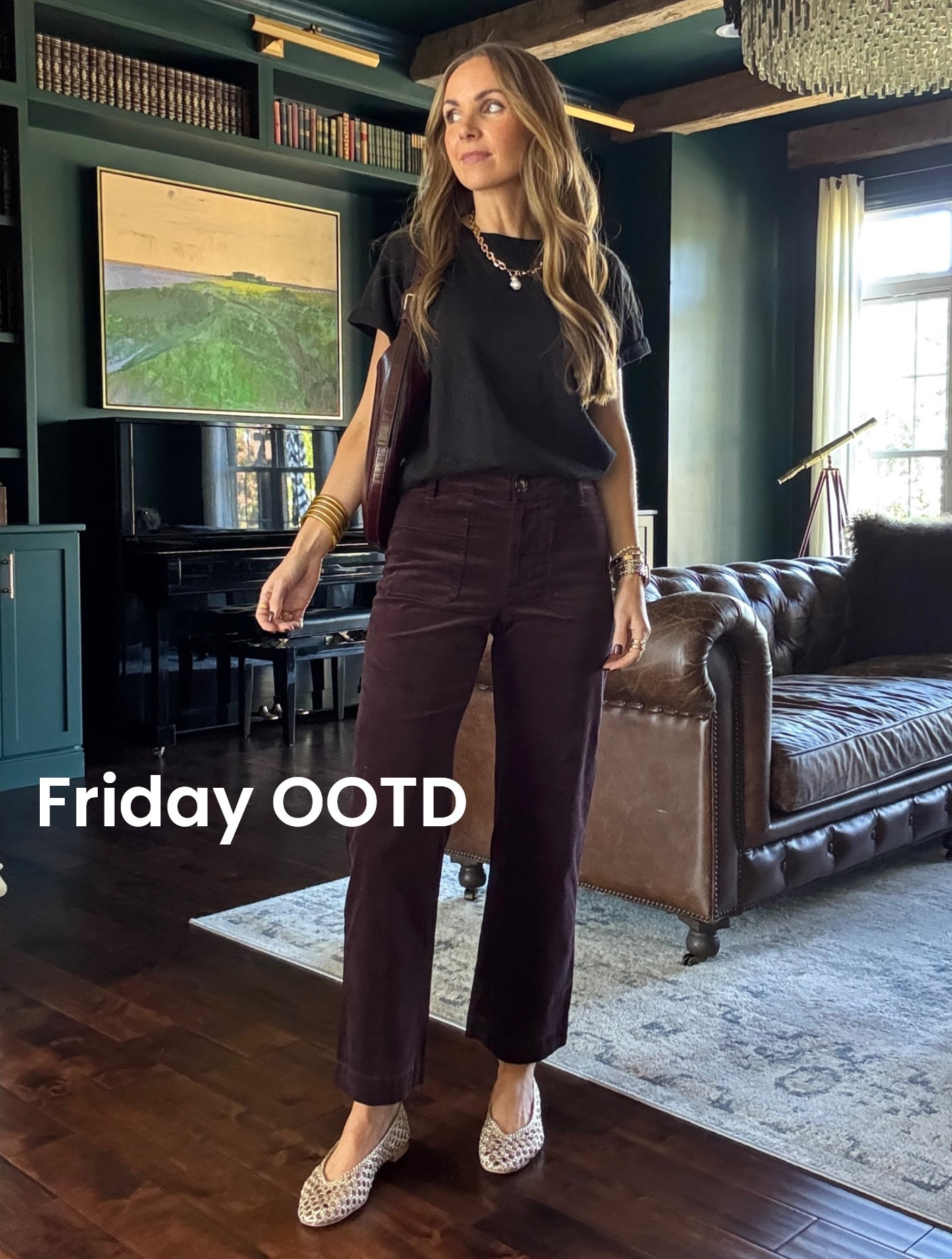 Friday outfit of the day in these fabulous velvet pants and sparkle cashmere tee. Wearing size small in the tee, and size 2 in the pants. I’m 5’6” for height reference. ￼@Quince @Tuckernuck