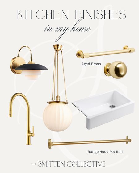 My kitchen finishes!

Rejuvenation, aged brass cabinet pulls, knobs, classic hood pendant, fluted glass light fixture, kitchen faucet, kitchen apron front Kohler sink, Hudson Valley wall sconce