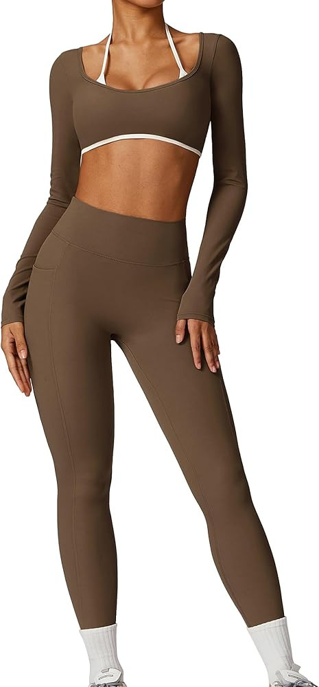 Workout sets for women 2 piece Long Sleeve Yoga Crop Top and High waist Leggings Athletic Gym Set... | Amazon (US)