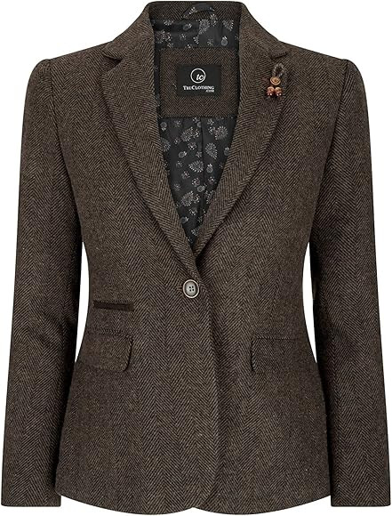 Women Blazer Tweed Herringbone Wool Classic Smart Casual Vintage Check 1920s | Amazon (US)
