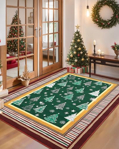 GarveeHome Christmas Rug for Living Room, 6x9 Area Rugs for Bedroom with Soft Low Pile, Christmas Tree and Snowflake Print Washable Rug for Dining Room, Stain Resistant Office Playroom Green Carpet | Amazon (US)