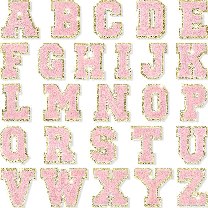 26 Pieces Gold Glitters and Pink Patches Iron on Letters Chenille A-Z Patches Decorative Repair E... | Amazon (US)