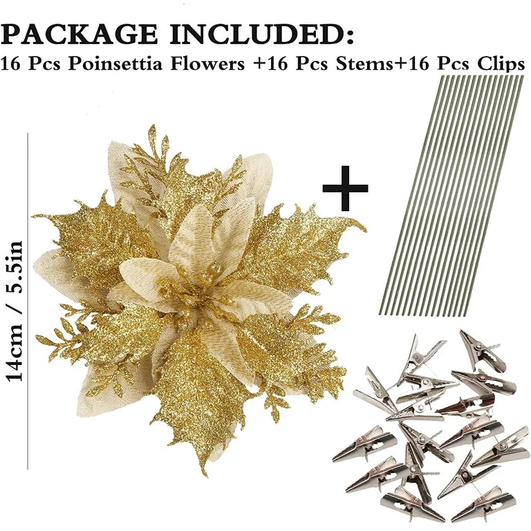 16Pcs 5.5in Christmas Tree Decorations Artificial Gold Red Poinsettia Christmas Flowers Decoratio... | Walmart (US)