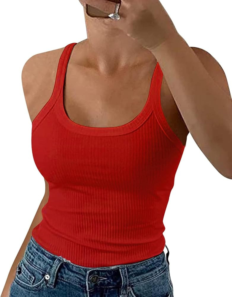 GEMBERA Women Spaghetti Strap Scoop Neck Ribbed Tank Tops Slim Fitted Cotton Camisole Basic Sleev... | Amazon (US)