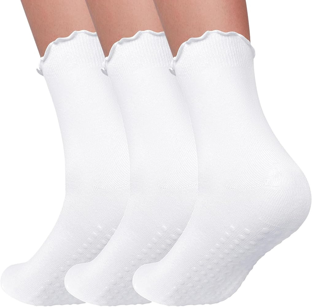 3 Pairs Pilates Socks with Grips Non Slip Socks Ruffle Yoga Socks Grip Socks for Women Crew Socks | Amazon (US)