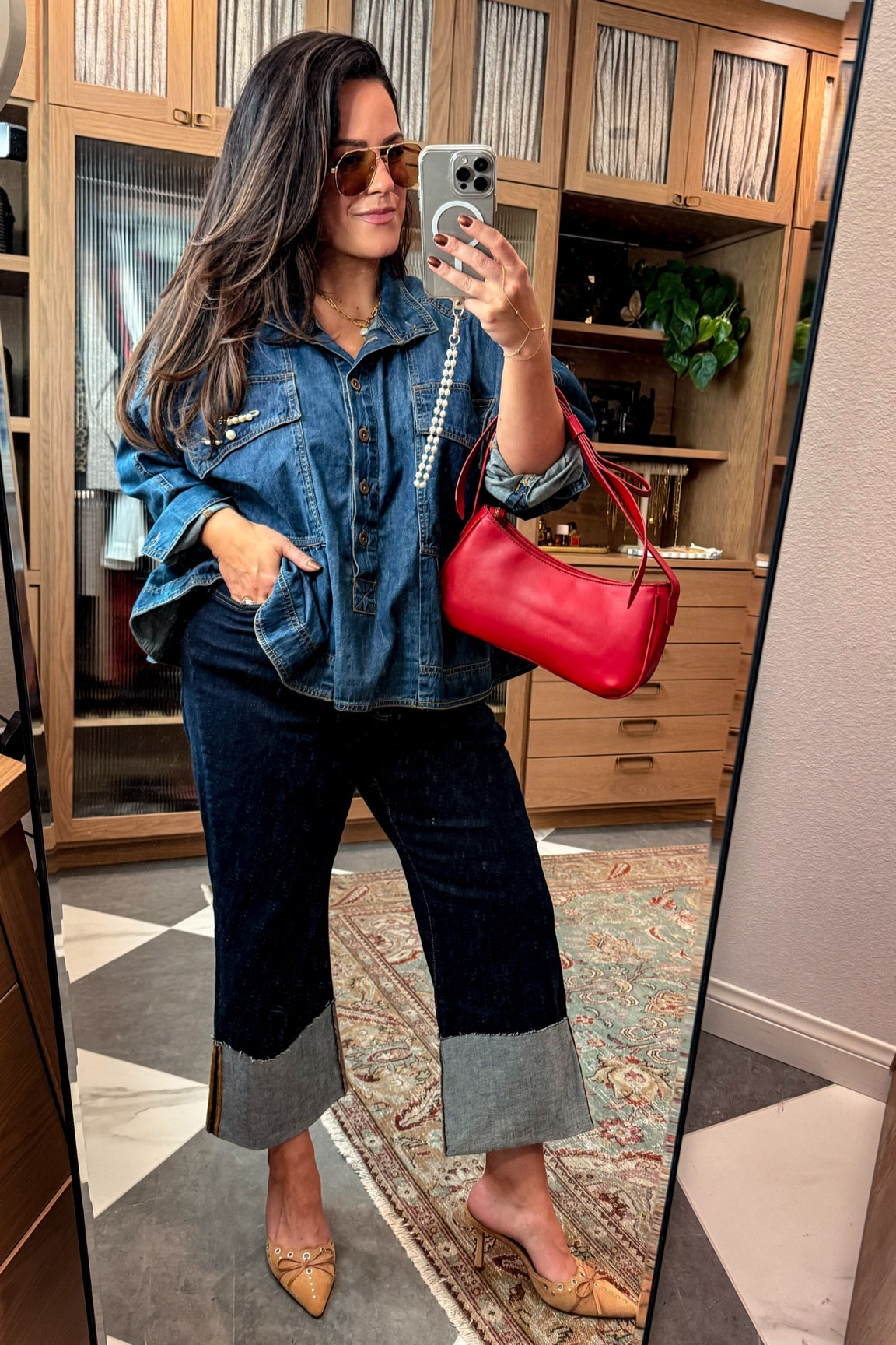 Midsize fall denim on denim outfit 
I am so obsessed with this denim top! It runs oversized- I sized down to a large! 
Cropped and cuffed dark wash jeans! So comfy and great stretch! I got a size 33 for a looser fit, also a petite (I am 5’6) 
Red bow bag
Amazon brooches 

#LTKMidsize #LTKStyleTip #LTKFallSale