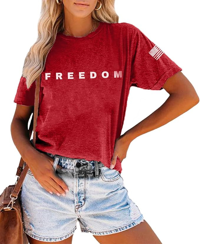 4th of July Shirts for Women Freedom T-Shirt American Flag Graphic Tees Patriotic Crewneck Short ... | Amazon (US)