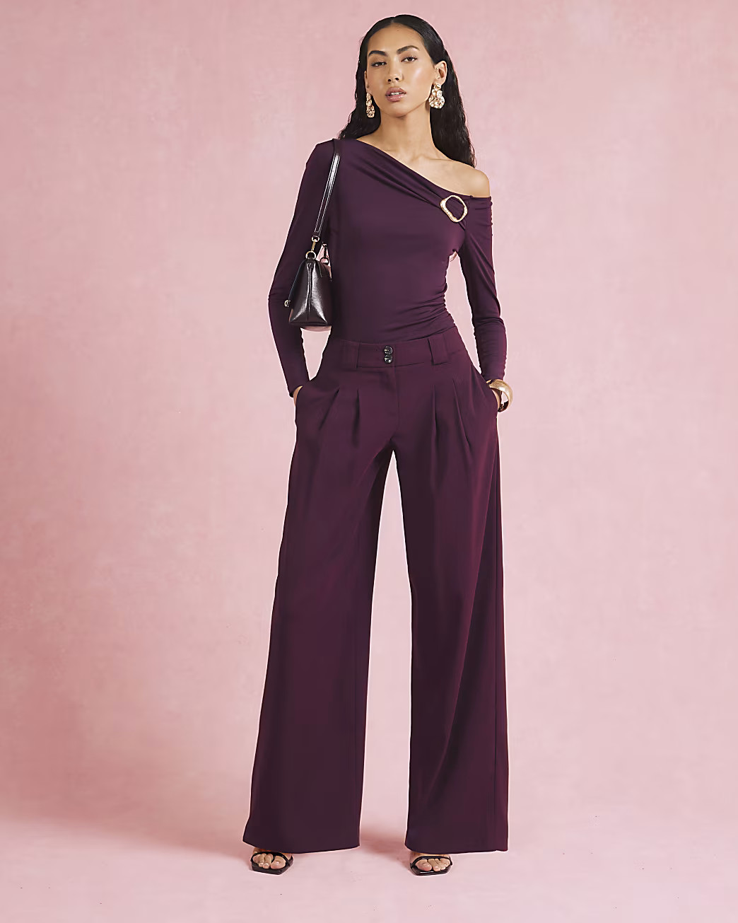 Red Long Sleeve Gold Trim Drape Top | River Island UK & IE