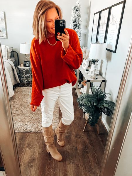 White jeans on sale, fits tts. Styled with oversized sweater from Amazon, more color options and Steve Madden scrunch boots. 

Christmas, holiday outfit, weekend outfit, jeans, boots, sweaters, amazon fashion, ootd, sale, deals, gift guide, gifts for her. Christmas

#LTKfindsunder50 #LTKover40 #LTKsalealert