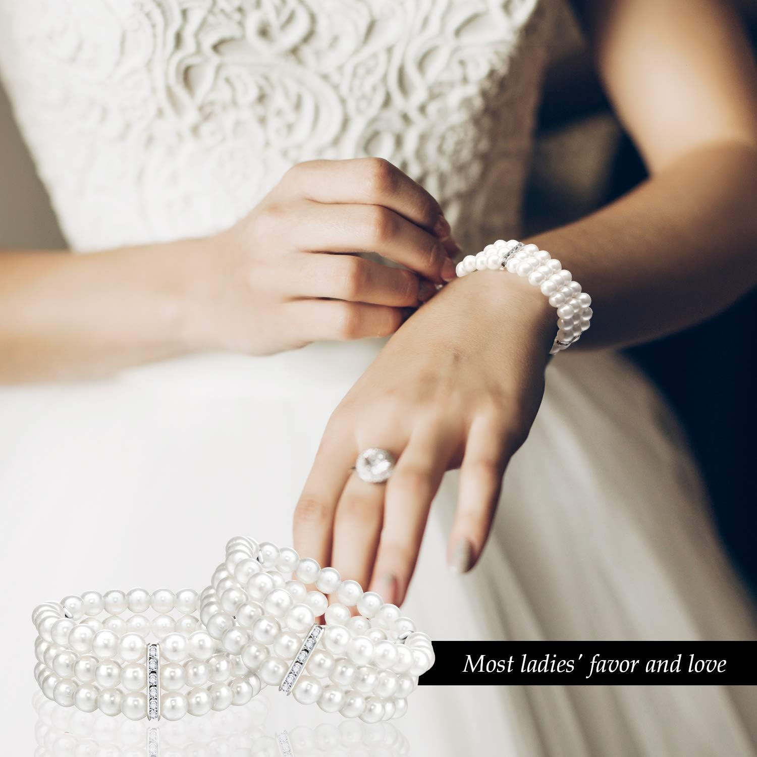 4 Piece Faux Pearl Bracelet 3-Row Pearl Stretch Bracelet Multilayer Pearl Elastic Bangle for Wedd... | Amazon (US)