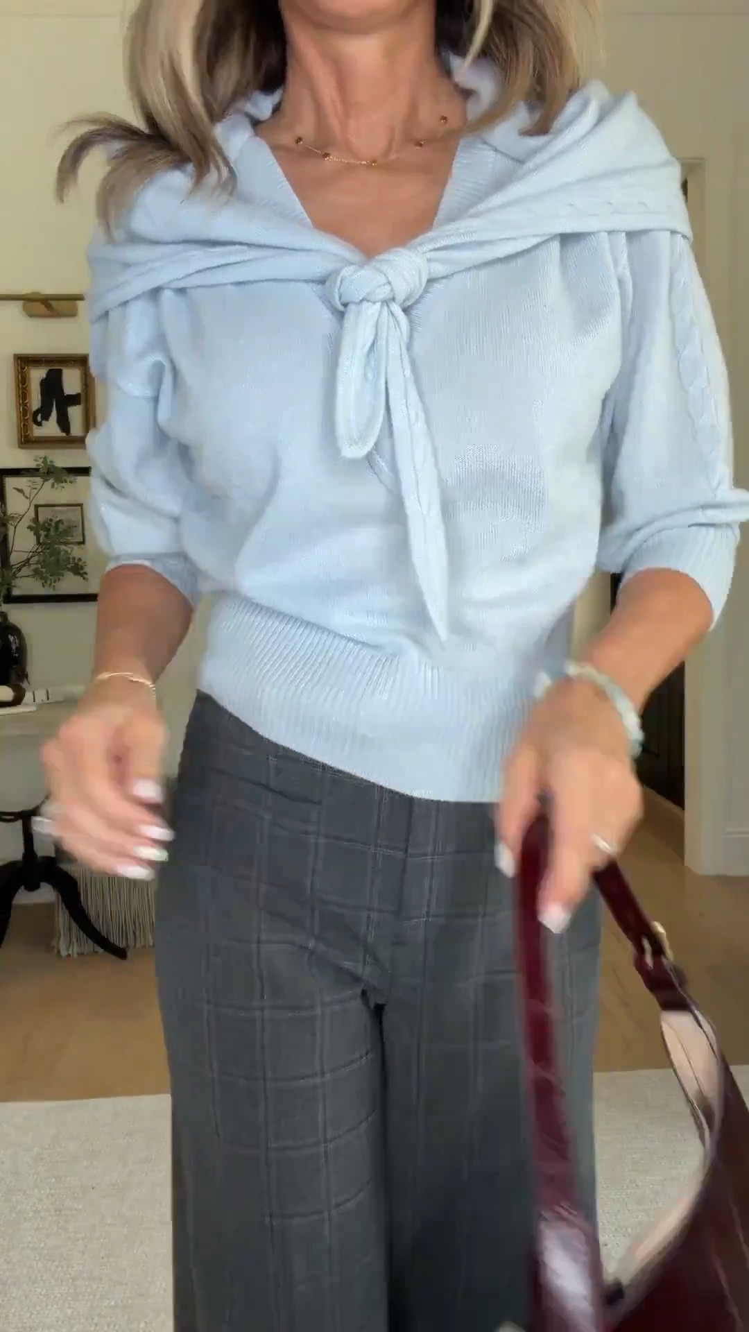 I’m 5’6”
-Jeans TTS 
-White cashmere zip-up-XS
-Red jacket -S
-Plaid pants TTS up
-Python belt
-Burgundy ballet flats size down ½ size 
-Blue cashmere scarf sweater-XS
-Chartreuse cashmere sweater 
-Silky striped button-up-2
-Burgandy bag
@jcrew
